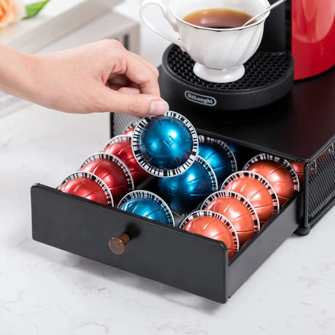 Black Metal Coffee Pod Drawer Organizer For Vertuo Nespresso Holds 30 Pods With Mesh Shelves 3 Columns Of 10 For Quick Access
