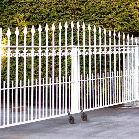 8 Inch Gate Wheel Heavy Duty Gate Caster For Farm And Metal Swing Gates Fits One And Three Eighths To Two Inch Gate Frames Prevents Gate Drag On Chain Link And Sliding Gates With 330 Lb Capacity And Durable Rubber Tire On Steel Plate With Galvanized installed on white metal gate