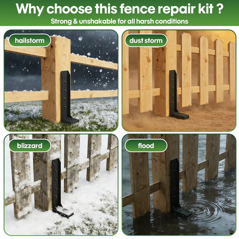Tough As Nails 4 Pack Fence Post Repair Kit With 8mm Double Layer Anchors For Wood Backyard Fences in harsh weather conditions.