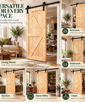 Unfinished 42 Inch by 84 Inch British Brace Knotty Barn Door with Double Sided Finish Made of Solid Canadian Spruce Includes Sliding Hardware Kit in a cozy living space.