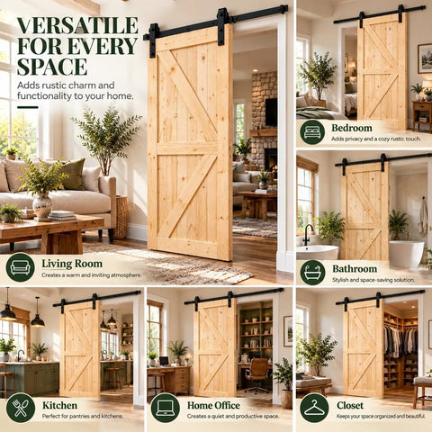 Unfinished 42 Inch by 84 Inch British Brace Knotty Barn Door with Double Sided Finish Made of Solid Canadian Spruce Includes Sliding Hardware Kit in a cozy living space.