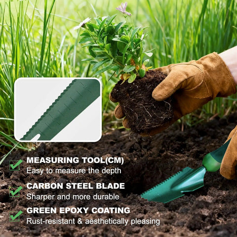 Gardener planting with Workhorse 5 In 1 Garden Trowel Weeder Tool with soft handle, forked tip, serrated blade, flat scraper, measuring scale.