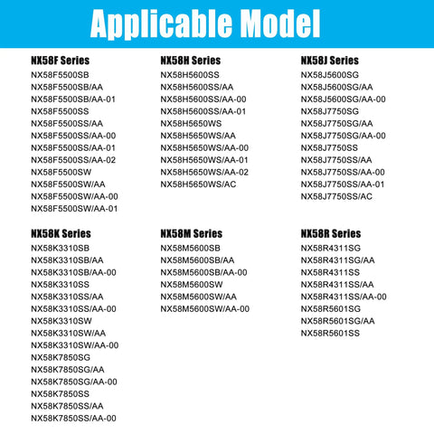 List of Samsung gas range models compatible with Stove Top Protector For Gas Ranges, including NX58 series options.