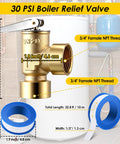 Brass 30 PSI boiler relief valve with 3/4 in female NPT threads and lever, mounted on water heater; includes PTFE tape