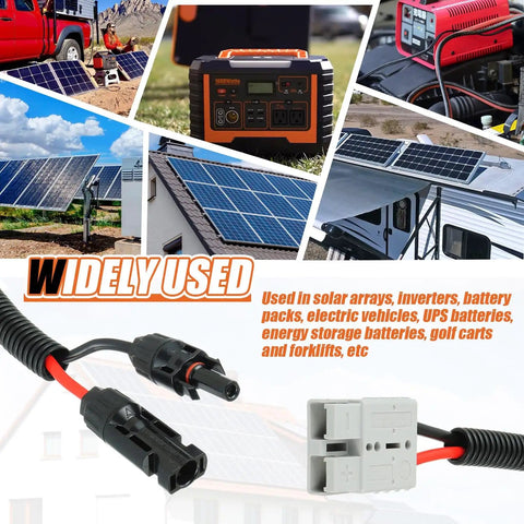 10 AWG Solar Panel Connector Cable For MC4 To 50A 600V Anderson Adapter with images of solar applications.