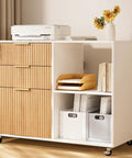 Smooth Rolling Three Drawer Lateral Filing Cabinet With Secure Locks And Sleek Fluted Finish, Solid Oak Mobile Desk Organizer Plus Roomy Printer Stand showcasing organized storage.