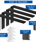 Heavy-Duty Shelf Brackets Premium Construction Grade One Quarter Inch Thick Steel Matte Black Iron Finish For Modern Farmhouse Rustic Open Shelving With Hardware Four Pack L Bracket Ten Inch By Six Inch shown with included hardware.