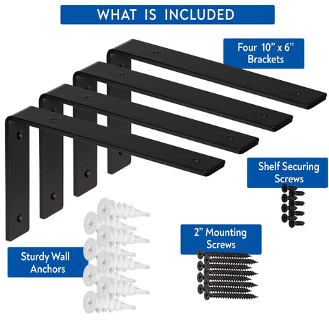Heavy-Duty Shelf Brackets Premium Construction Grade One Quarter Inch Thick Steel Matte Black Iron Finish For Modern Farmhouse Rustic Open Shelving With Hardware Four Pack L Bracket Ten Inch By Six Inch shown with included hardware.