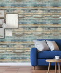 Living room wall with Blue Distressed Wood Grain Self Adhesive Contact Paper Peel And Stick Waterproof Wood Wallpaper