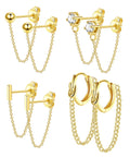 Four Pair Chain Earrings For Women With CZ Ball Studs, Dangling Front To Back Bar Huggie Hoops, gold tone set with chain drops