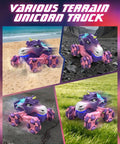 1:18 Scale Pink Unicorn Monster Truck Remote Control Car With 360 Spin Dance Lights And Spray on various terrains