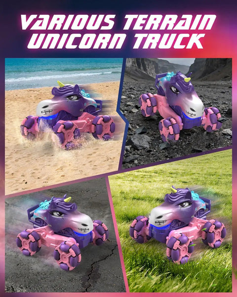 1:18 Scale Pink Unicorn Monster Truck Remote Control Car With 360 Spin Dance Lights And Spray on various terrains
