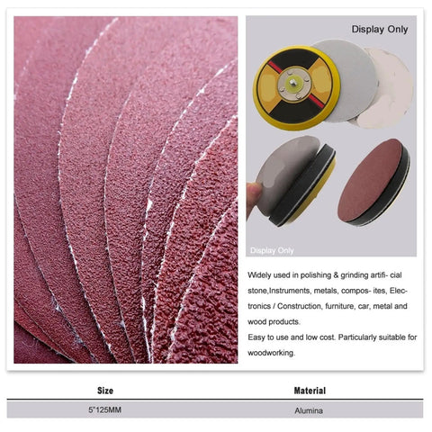 Detailed view of twenty piece hook and loop sanding discs with 40 to 2000 grit aluminum oxide, ideal for rotary tools smoothing wood and metal.