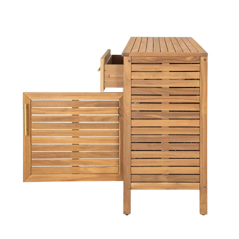 Outdoor Acacia Wood Storage Cabinet with Two Drawers and Double Door Shelf for Garden Poolside and Patio shown open