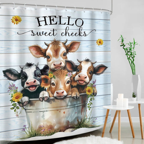 Funny Highland Cow Shower Curtain 60x72 Inches Farmhouse Floral Cute Cows Light Blue Plank Bucket Bath Time Vibes Decor Polyester With 12 Hooks Included Water Resistant Quick Dry