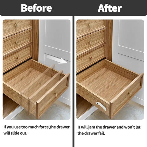 Before and after images showing drawer use with 24 Pack Clear Non Slip Drawer Stops With Stainless Steel Screws Lock It Down Tight Stop Sliding Drawers Guarantee Peace Of Mind For Real Home Refresh Today.