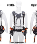 Front and side views of a tool belt with suspenders for construction pros, showing EVA padding, chest harness, and adjustable straps.