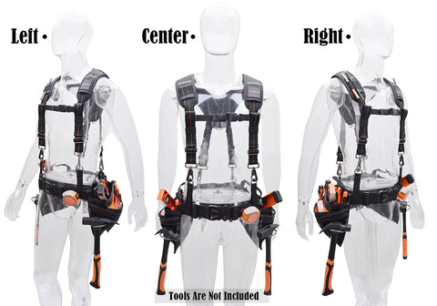 Front and side views of a tool belt with suspenders for construction pros, showing EVA padding, chest harness, and adjustable straps.