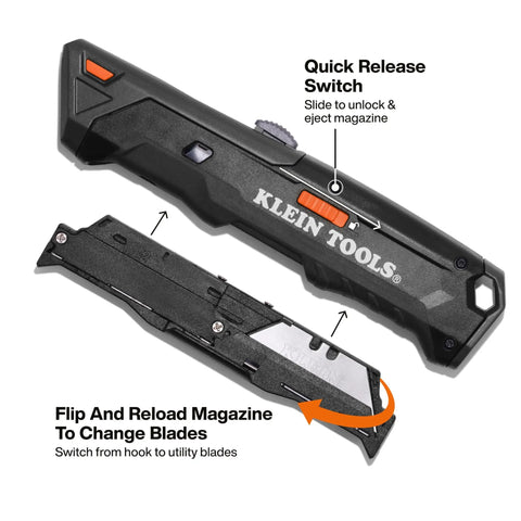 Auto Loading Retractable Utility Knife with Dual Sided 10 Blade Magazine showing quick release eject switch detail