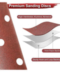 Ultimate 9 Inch 40 Pcs Hook Loop Sandpaper Discs With Six Dust Venting Holes For Rapid Peel And Switch, showing high hardness aluminum abrasive.