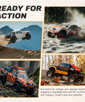 Four RC trucks showcasing Power Up Your RC Ride With 7.4V 1200mAh LiPo Battery 2S 35C Burst 70C PH2.0 JST Plug And 1to2 USB Charger.