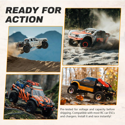 Four RC trucks showcasing Power Up Your RC Ride With 7.4V 1200mAh LiPo Battery 2S 35C Burst 70C PH2.0 JST Plug And 1to2 USB Charger.
