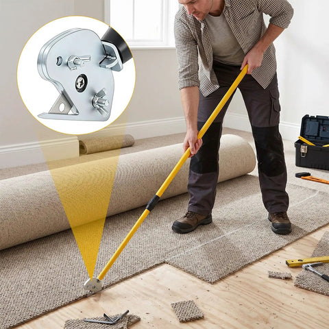 Stand Up Carpet Cutter Tool With 4 Replacement Blades Heavy Duty Roller Telescoping Fiberglass Handle Extends 50 To 85 Inches For Glue Down Removal And Rug Cutting For Pros And DIYers in use on carpet