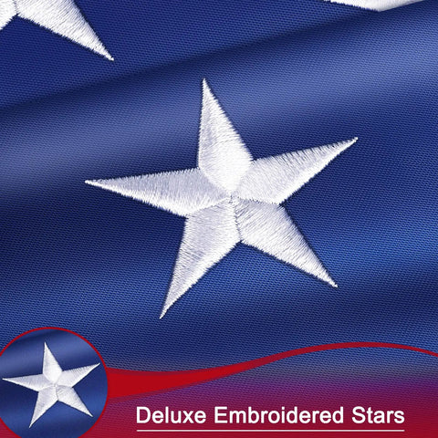 Close-up of embroidered star detail on Heavy Duty 4x6 Outdoor Nylon US Flag With Embroidered Stars Sewn Stripes Brass Grommets