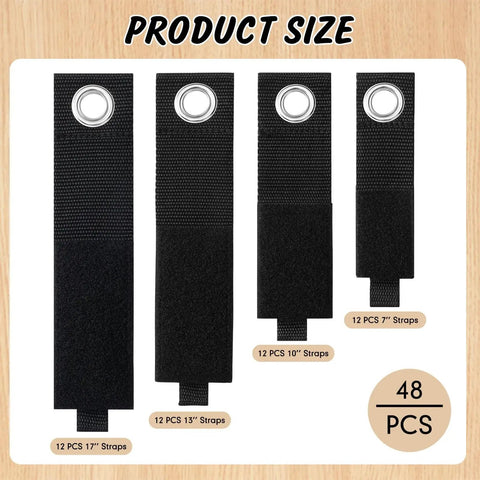 48-Piece Heavy Duty Extension Cord Organizer Set showing four sizes of nylon straps with grommets for garage and RV use.