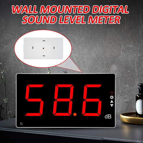 Digital Sound Level Meter With Large LCD Display, Dead Easy To Use Decibel Meter For 30 To 130 dB Range, Upper And Lower Alarm, Adjustable Alarm Time 5 To 120 Seconds, Ideal For Home, Office, Studio, Or Construction Noise Checks., wall-mounted black digital display showing 58.6 dB