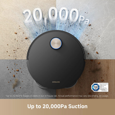 Top-down view of Dreame X50 Ultra robot vacuum, black circular body with blue-ring power button; 20,000Pa suction.