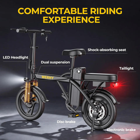 Compact Electric Dirt Bike For Adults With 14 Inch Tires, 48V Battery, 500W Motor, Foldable And Lightweight, side view with features