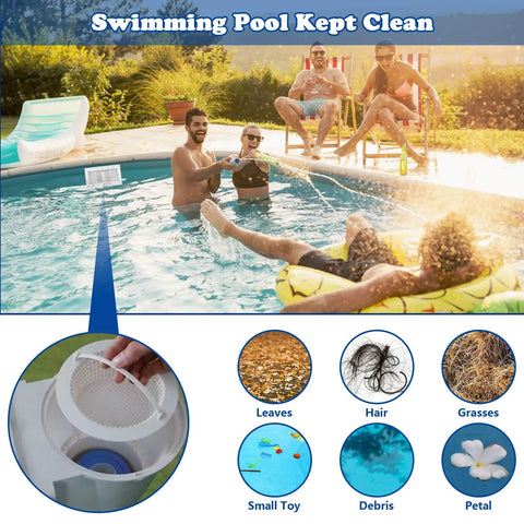Group enjoying pool with Above Ground Pool Skimmer Kit filtering leaves, hair, debris; focus on clean swimming environment