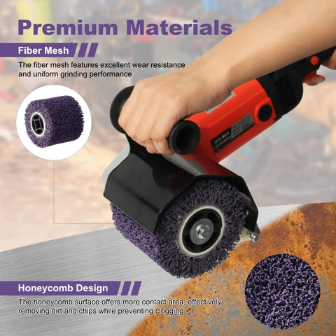 Close-up of 36 Grit Abrasive Drawing Wheel Drum for wood and metal polishing in use with heavy duty fiber mesh base, purple.