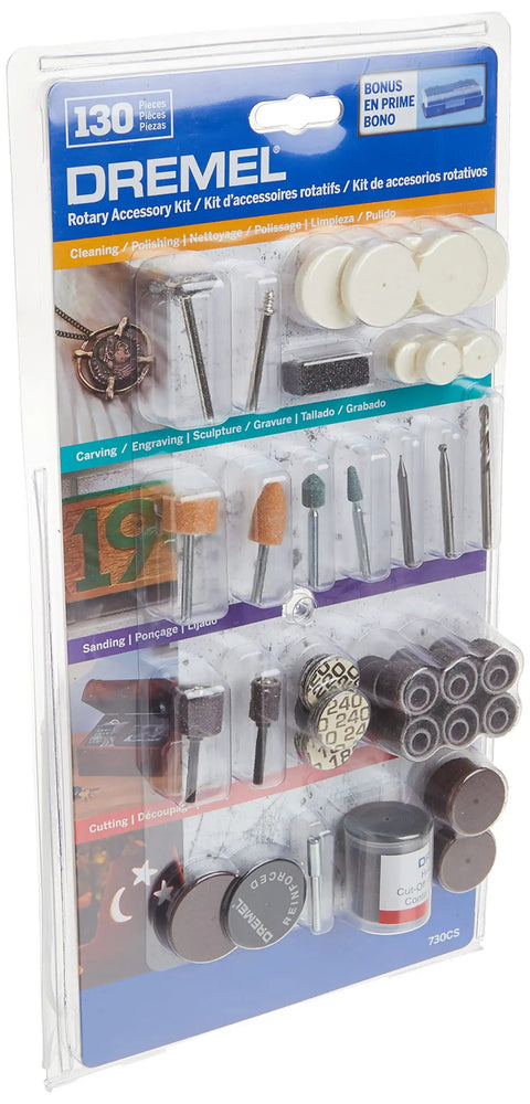 Packaging of All Purpose Rotary Tool Accessory Kit with 130 pieces for cutting, carving, engraving, sanding, and more.