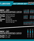 Magnetic Nut Driver Set For Impact Drills 54 Piece Kit with S2 screwdriver bits in various sizes and types displayed.