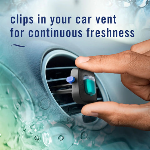 Smart Car Vent Freshener Long Lasting Odor Erasing Clip Set Intensity Low Or High Unstopables Crispy Road Ready Scent clip being attached to car vent.