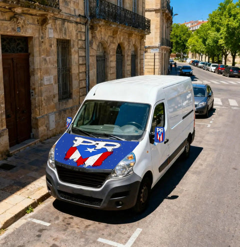 Van with Puerto Rico Flag PR Letters And Starry Design Car Hood And Mirror Cover Set 4x5.25 Ft Stretchable Fit.