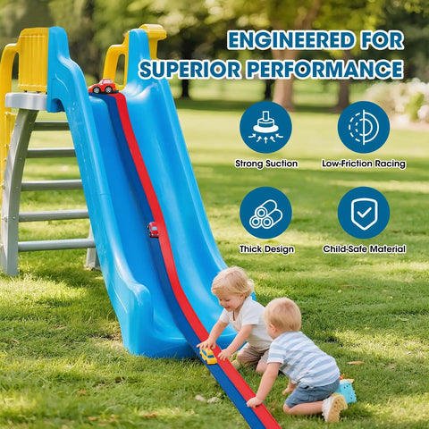Two kids playing with Flexible Fifteen-Foot Fun-Filled Kids Race Track With Two Toy Cars on a slide outdoors
