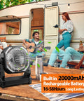 20000mAh Battery Powered Camping Fan with 58 Hours of Runtime next to a group of people relaxing outside a camper