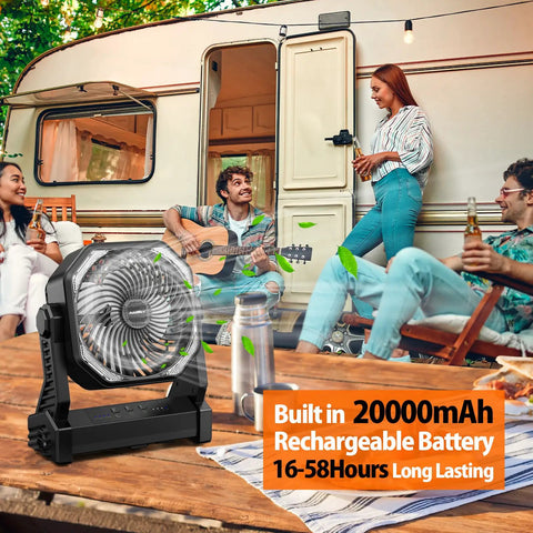 20000mAh Battery Powered Camping Fan with 58 Hours of Runtime next to a group of people relaxing outside a camper