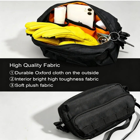 Secure Nav Tank Bag For Savage Off Road E Bike Keeps Your Screen Front And Center So You Dont Look Down And Dodge Crashes While Rocking The Trail. Black Oxford cloth tank bag open with phone and gloves