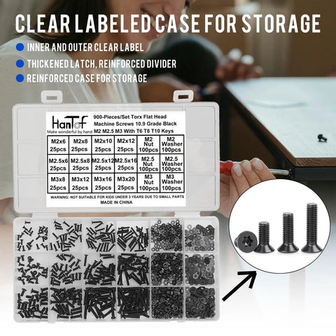 Beefy Torx Countersunk Screws Set with M2 M2.5 M3 Bolts Nuts and Washers Flat Head Star Drive Machine Screws Grade 10.9 Alloy Steel Black Fully Threaded with T6 T8 T10 Wrenches displayed in a labeled case.