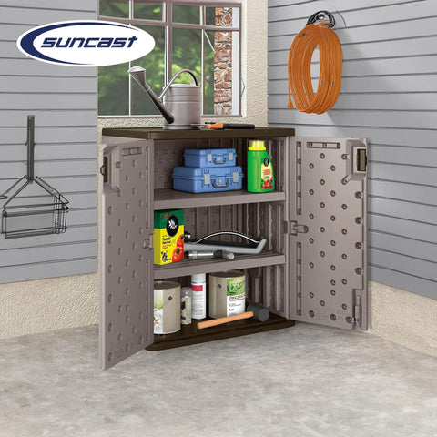 36-Inch Resin Base Garage Storage Cabinet In Platinum, Garage-Ready Build With Double Wall Construction, open displaying various tools