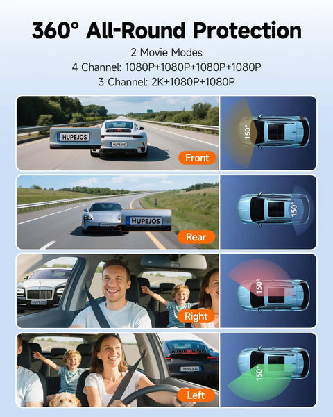 360 Degree Dash Cam For Cars With Front Interior And Rear 4 Channel FHD 1080P Quad Camera All Around Coverage Built In WiFi display.