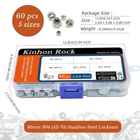 Premium 304 Stainless Steel Metric Nylon Insert Lock Nuts 60 Piece Assortment Kit M5 M6 M8 M10 M12 Sizes in storage box.