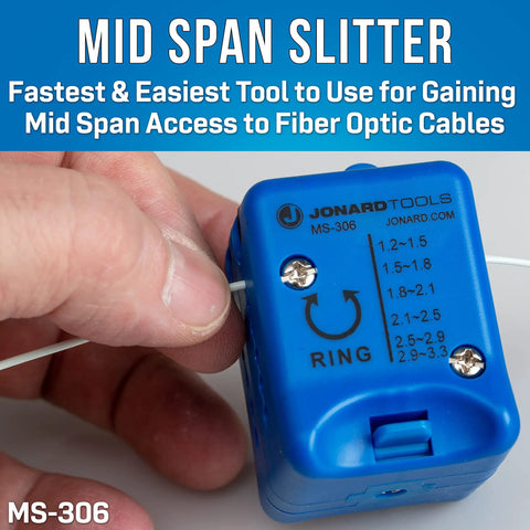 Fiber Prep Kit With VFL Plus For Tech Pros Mid Span Slit Tool in hand, showing size markings, blue color, MS-306 model
