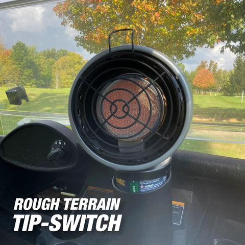 Portable 4000 BTU Radiant Propane Heater for Golf Carts with 1 lb Cylinder shown installed, highlighting rough terrain tip switch.