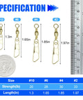 Pro Grade High Strength Barrel Swivel Snap 100 Piece Kit For Lure Connector Tackle Leader Lines Saltwater And Freshwater Angling With Solid Rings In Gold And Black Sizes 2 4 6 8 10 12 14 size chart with #10 #6 #4 #2 swivels