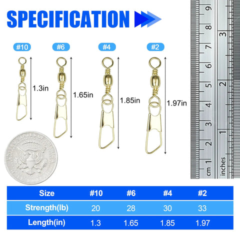 Pro Grade High Strength Barrel Swivel Snap 100 Piece Kit For Lure Connector Tackle Leader Lines Saltwater And Freshwater Angling With Solid Rings In Gold And Black Sizes 2 4 6 8 10 12 14 size chart with #10 #6 #4 #2 swivels